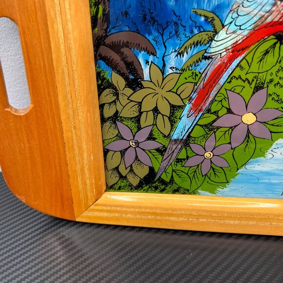 VTG Brazil Wood Glass Serving Tray Hand-Painted Parrot Scene Tropical Iridescent - Picture 4 of 11